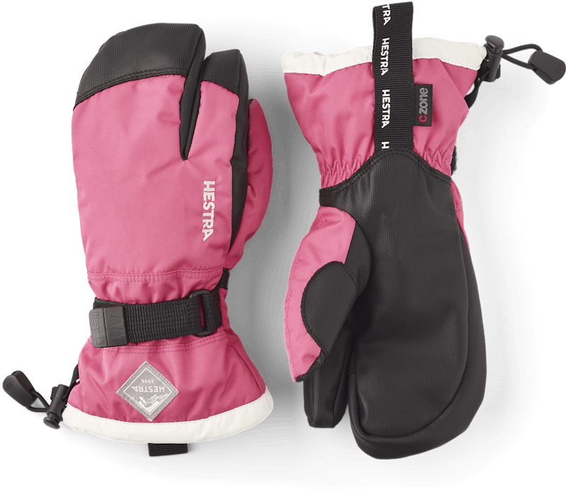 Pink three finger glove with black synthetic palm and wrist adjustment (1 of 6)