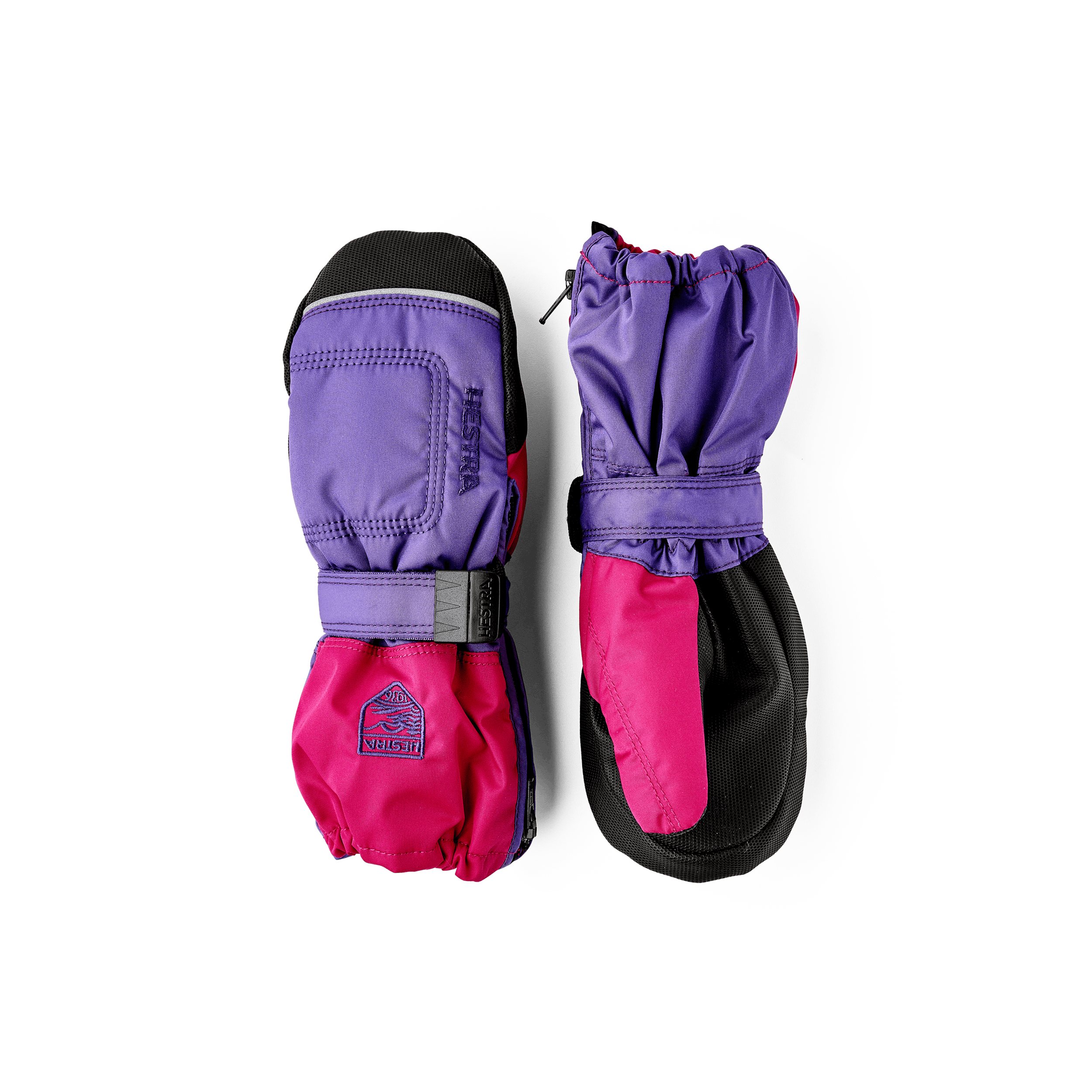 Purple and pink fabric mitten with black palm and wrist adjustment (1 of 4)