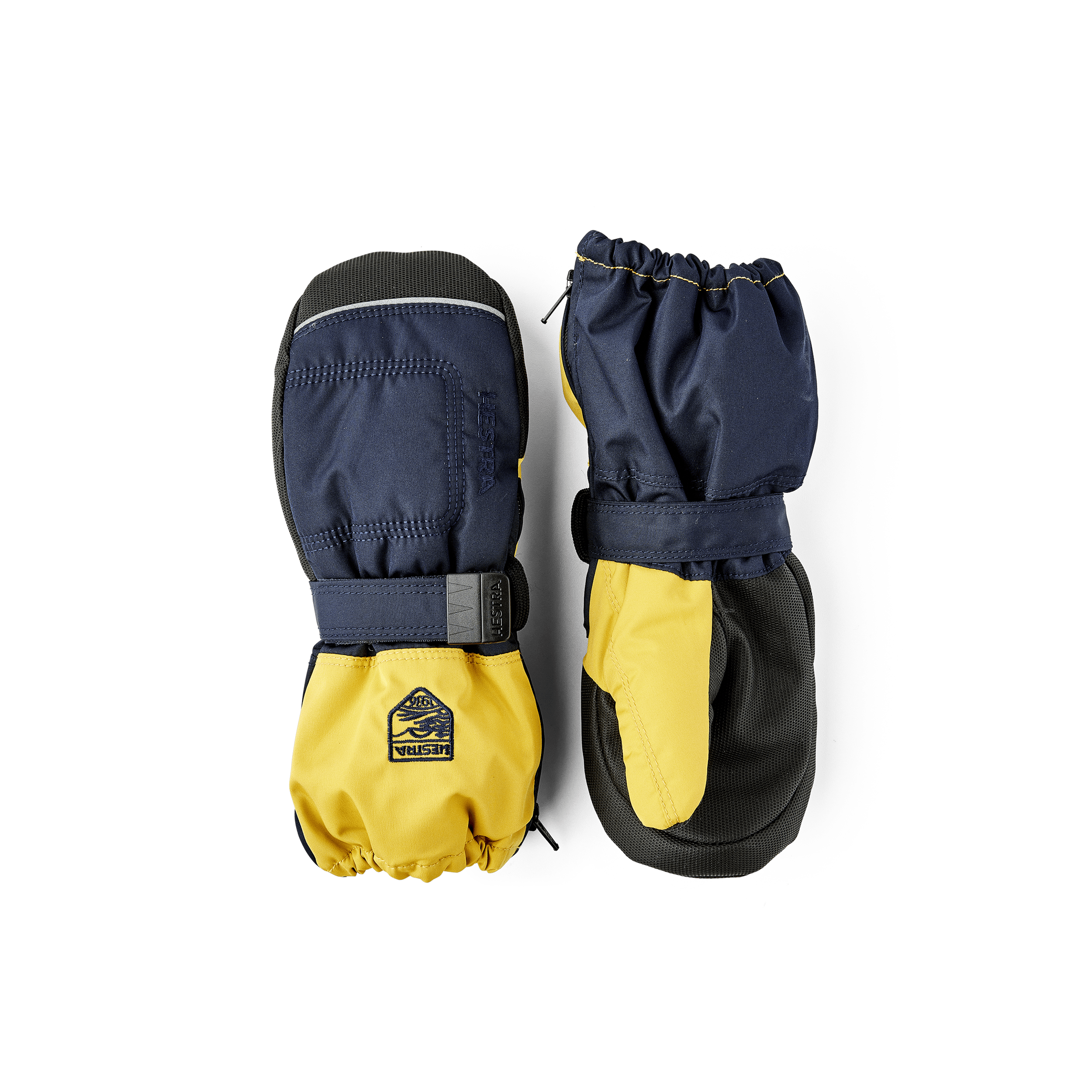 Dark blue and yellow fabric mitten with black palm and wrist adjustment (1 of 4)