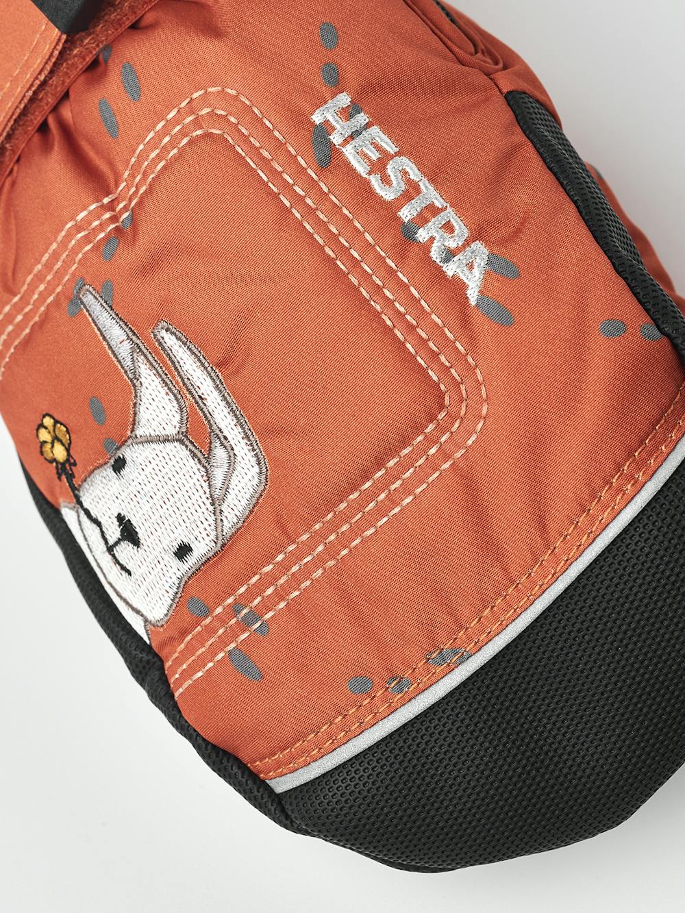 Orange print fabric mitten design with black palm and wrist adjustment (5 of 5)