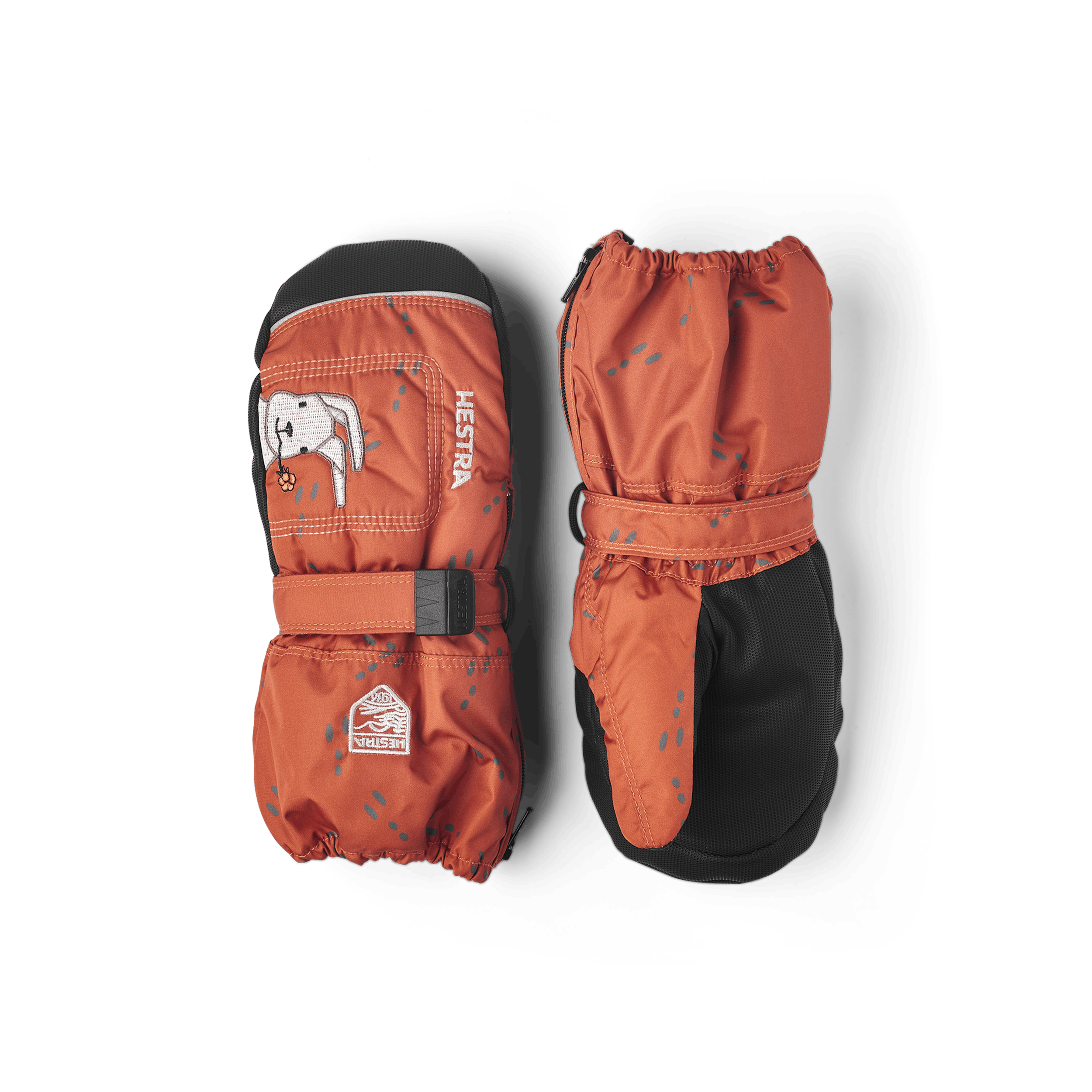 Orange print fabric mitten design with black palm and wrist adjustment (1 of 5)