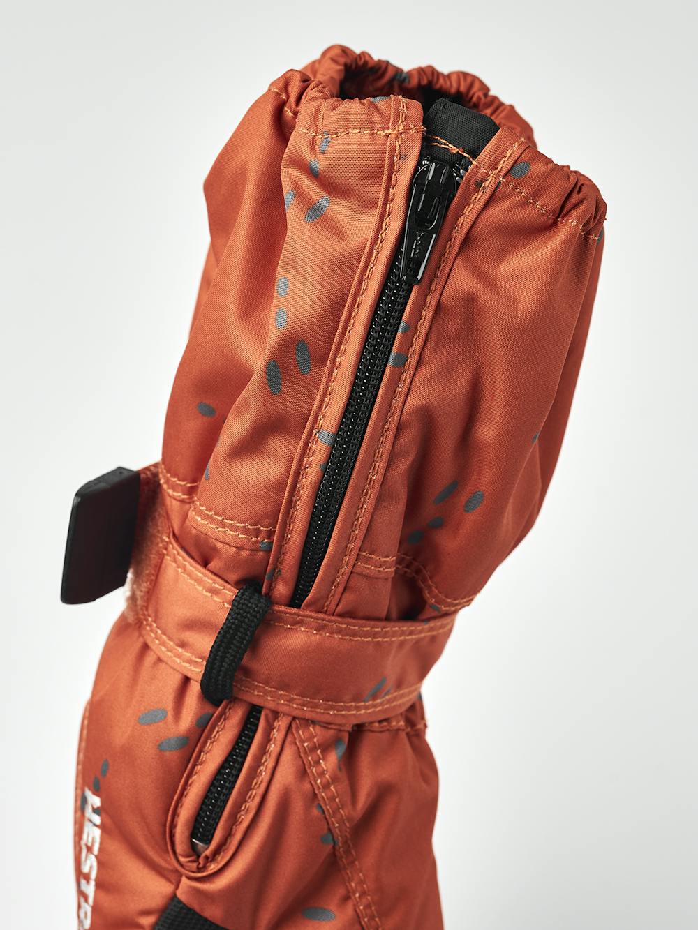 Orange print fabric mitten design with black palm and wrist adjustment (2 of 5)