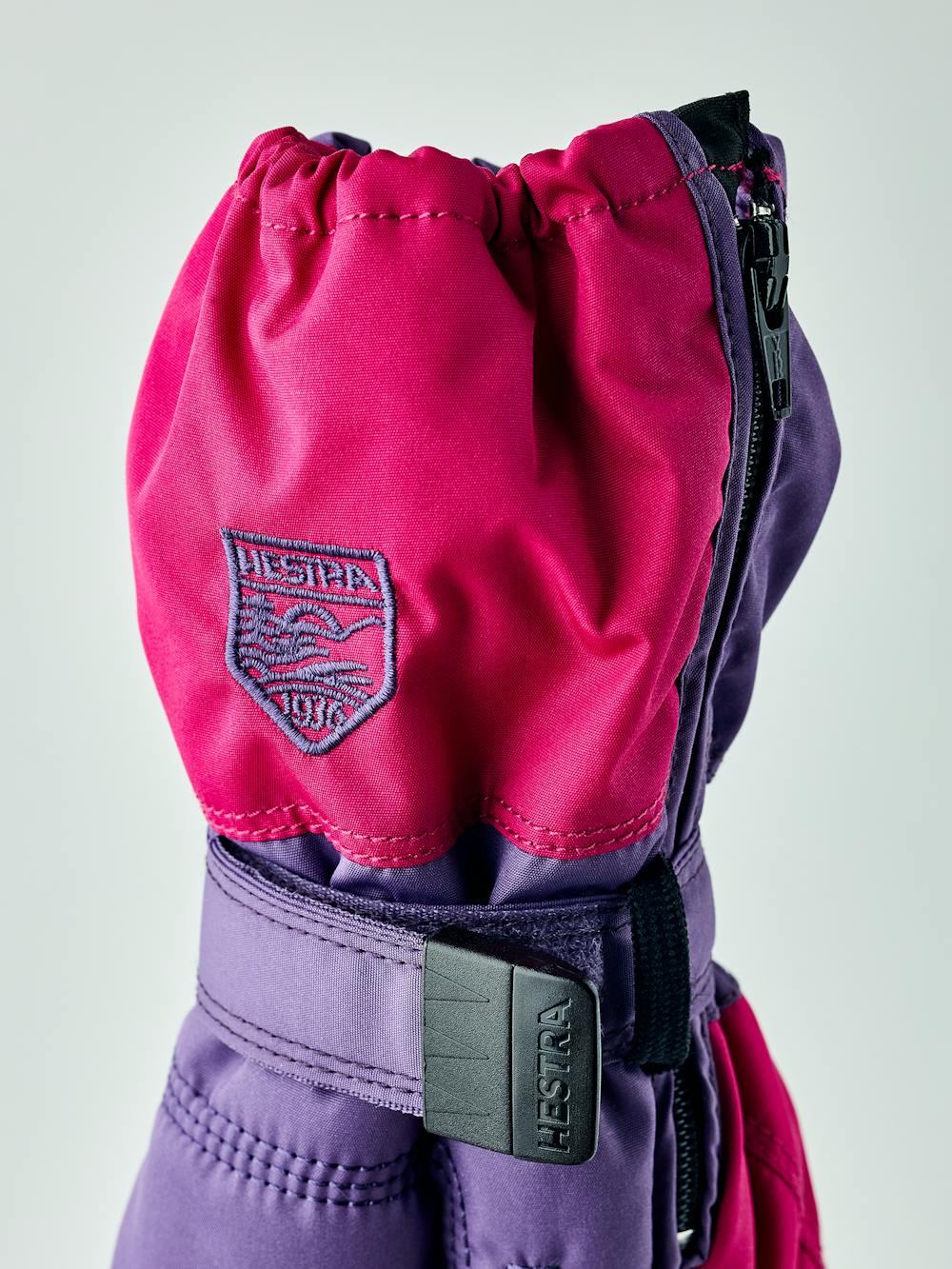 Purple and pink fabric mitten with black palm and wrist adjustment (2 of 4)