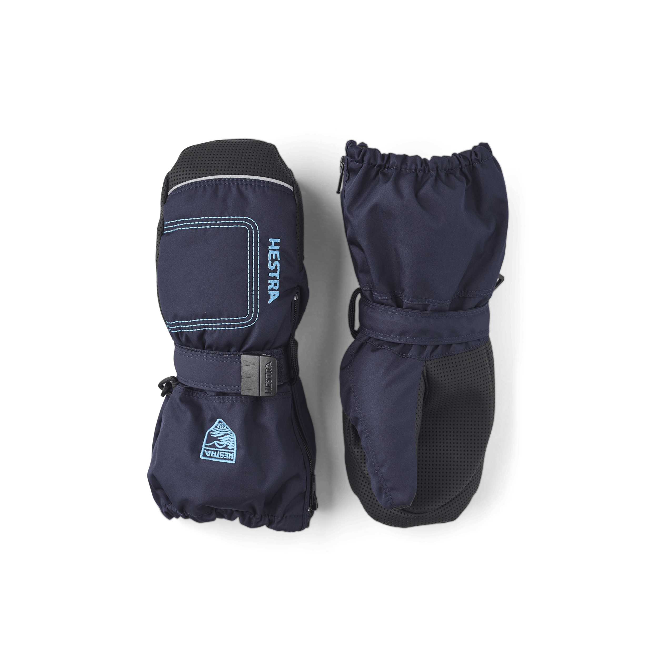 Dark blue fabric mitten with black palm and wrist adjustment (1 of 5)