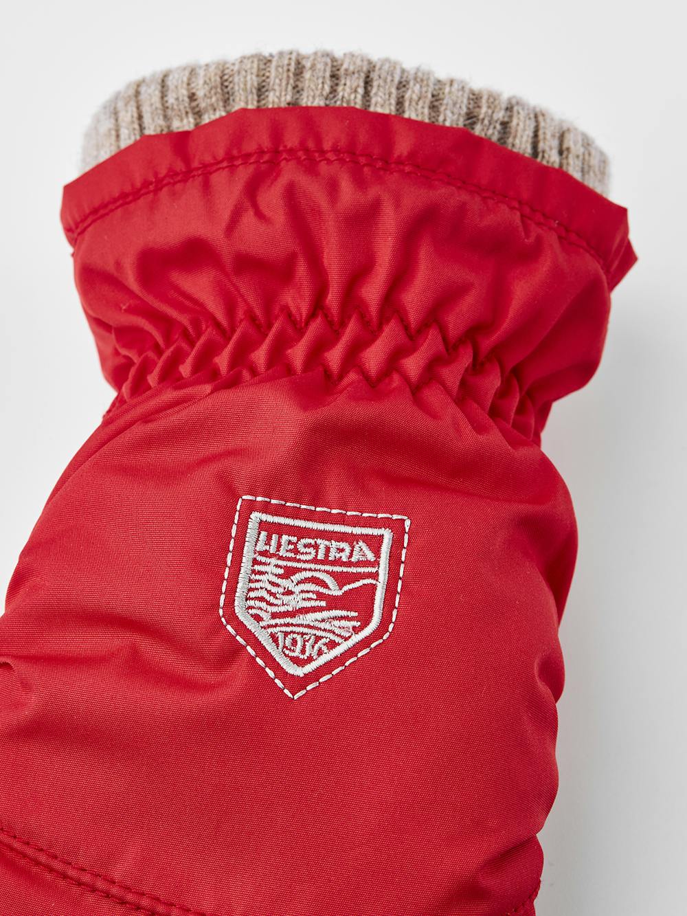 Light red fabric mitten with beige cuff and brown hairsheep palm (4 of 5)