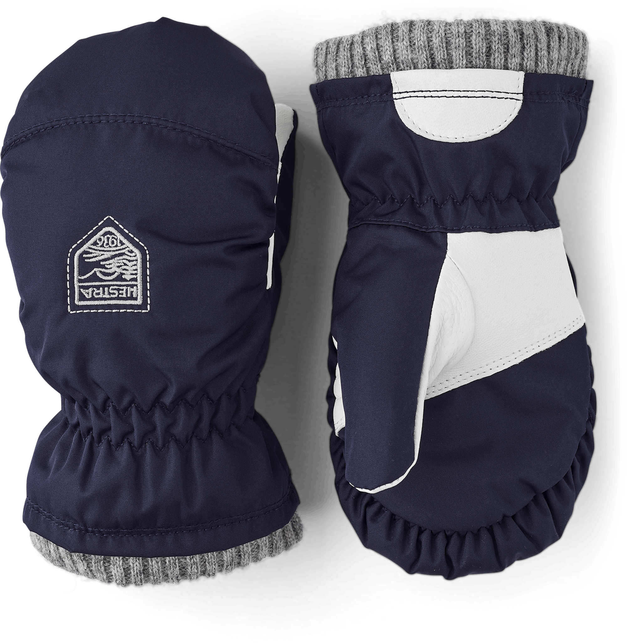 Dark blue fabric mitten with gray cuff and white hairsheep palm (1 of 4)