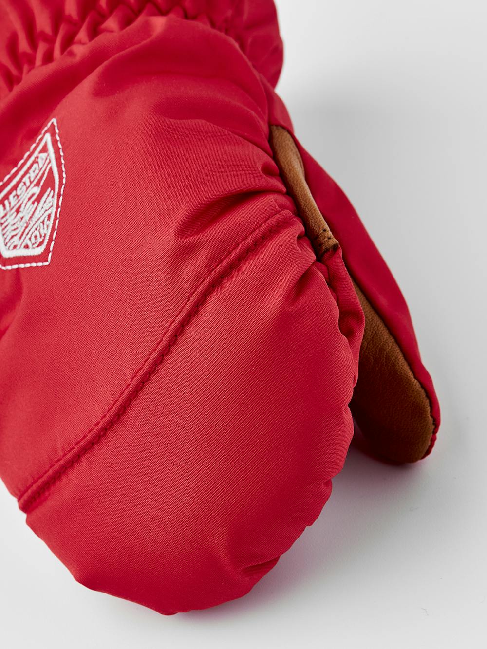 Light red fabric mitten with beige cuff and brown hairsheep palm (3 of 5)