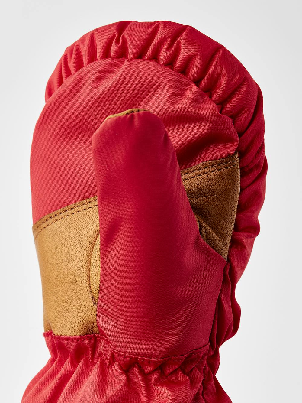 Light red fabric mitten with beige cuff and brown hairsheep palm (2 of 5)