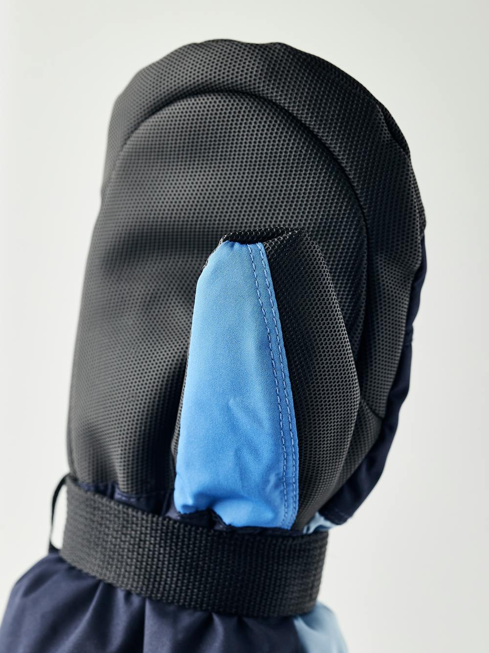 Blue fabric mitten with black synthetic palm and wrist adjustment (2 of 5)