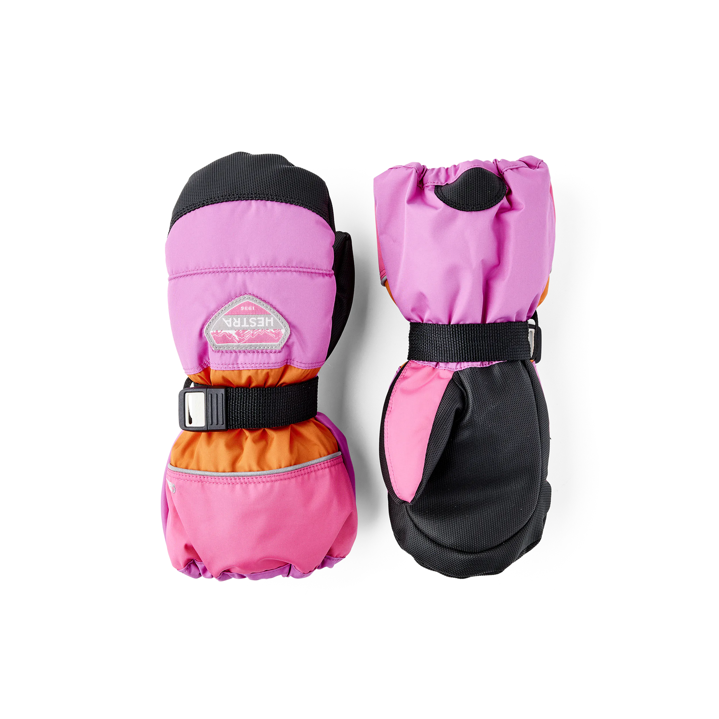 Orange and pink fabric mitten with black synthetic palm and wrist adjustment  (1 of 5)