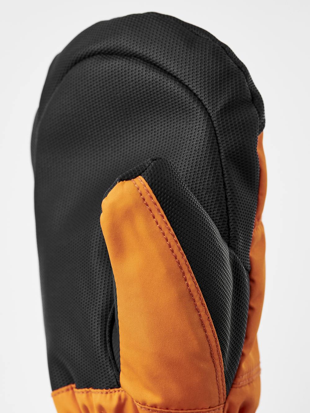 Orange fabric mitten with black synthetic palm and wrist adjustment (3 of 5)