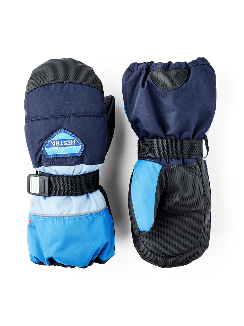 Blue fabric mitten with black synthetic palm and wrist adjustment (1 of 5)