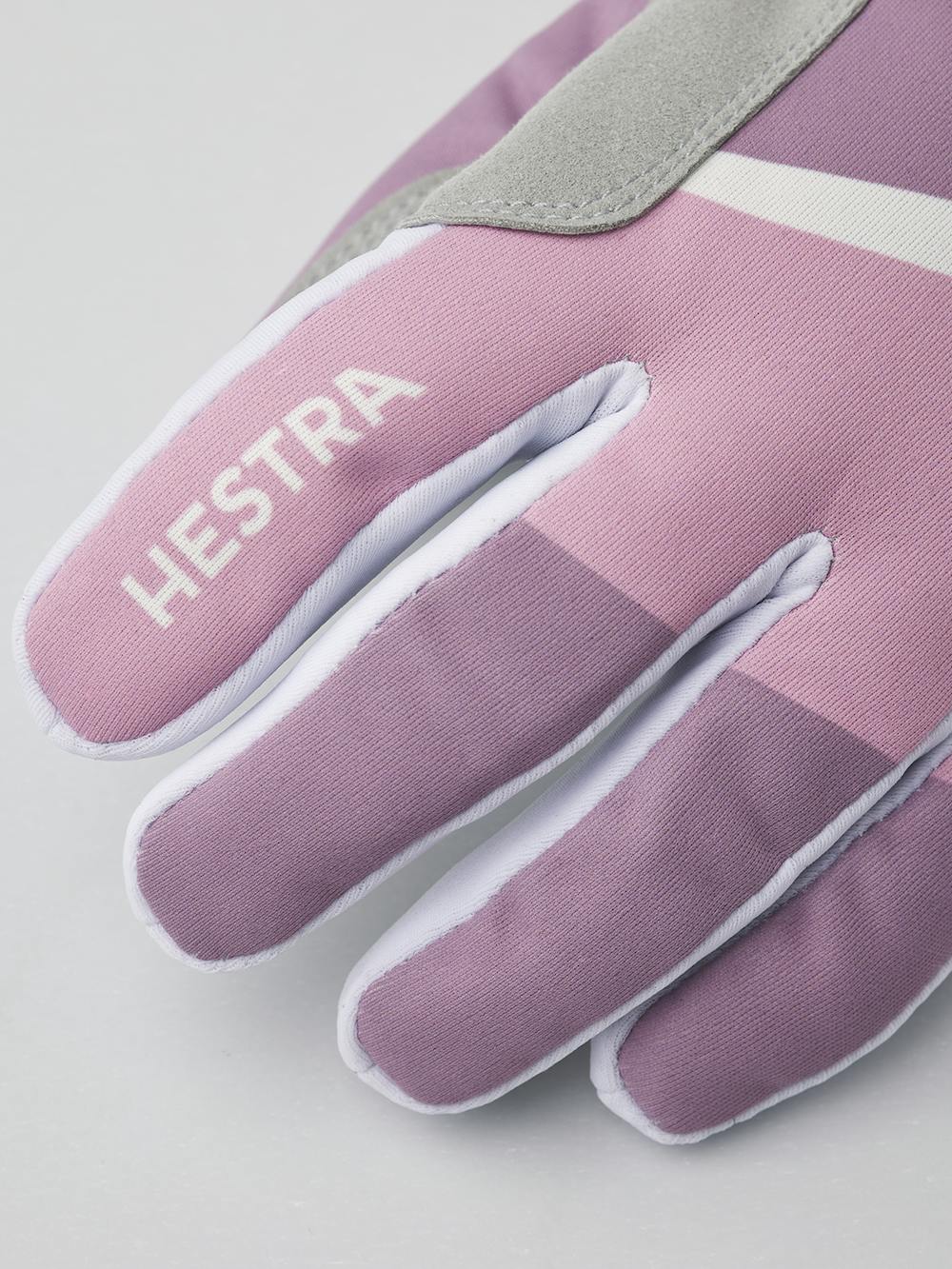 Pink and purple fabric cross-country ski glove with gray synthetic suede palm (3 of 4)