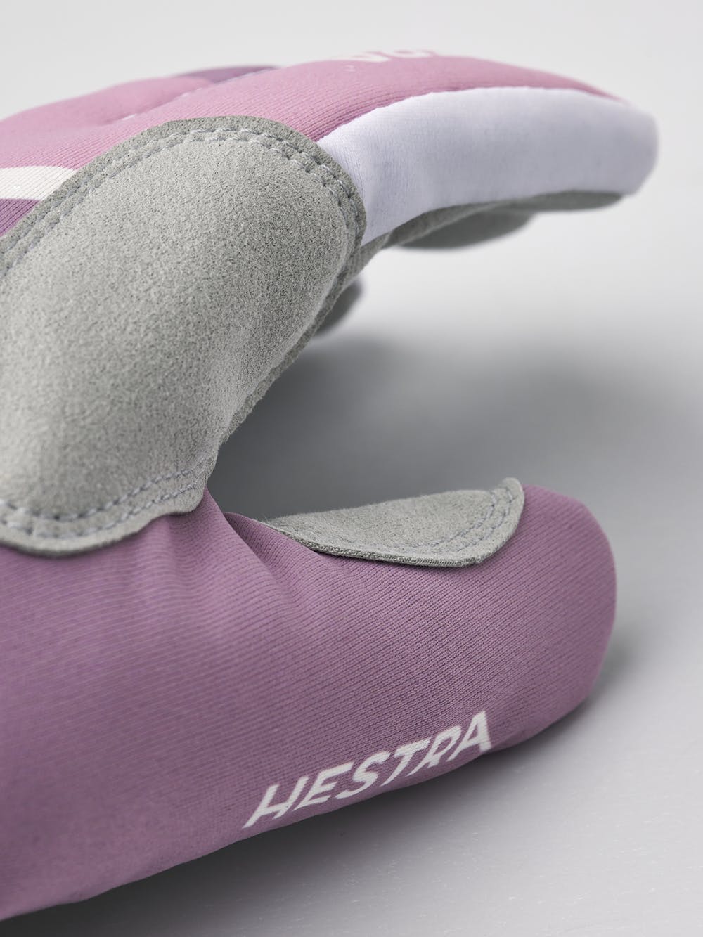Pink and purple fabric cross-country ski glove with gray synthetic suede palm (2 of 4)