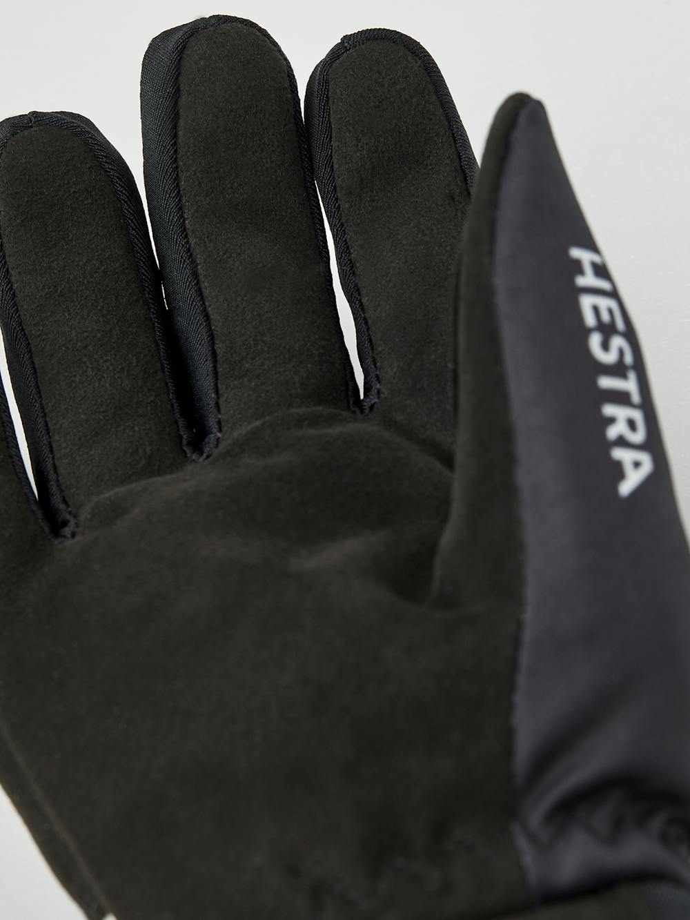 Black and white fabric cross-country ski glove with black synthetic suede palm (5 of 5)