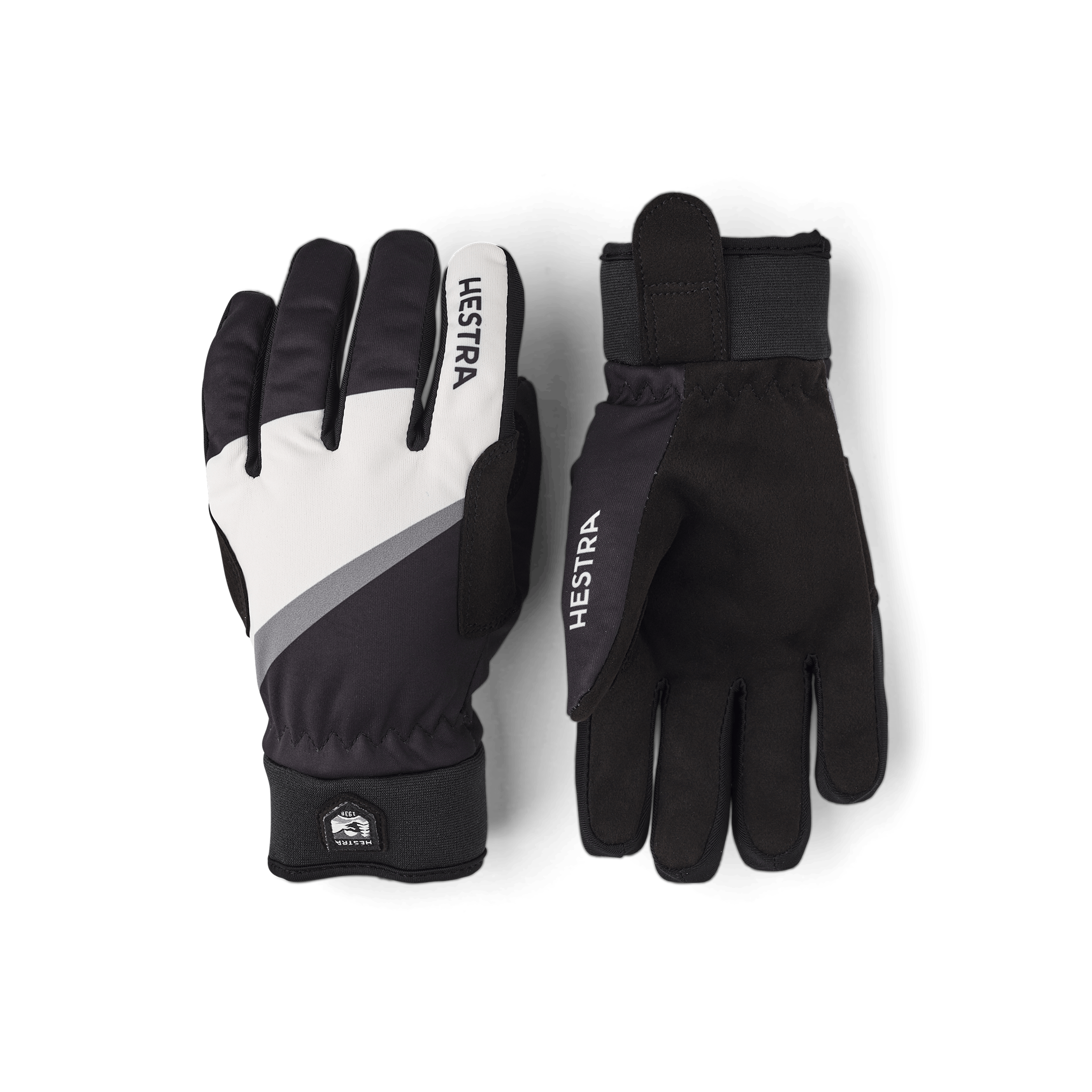 Black and white fabric cross-country ski glove with black synthetic suede palm (1 of 5)