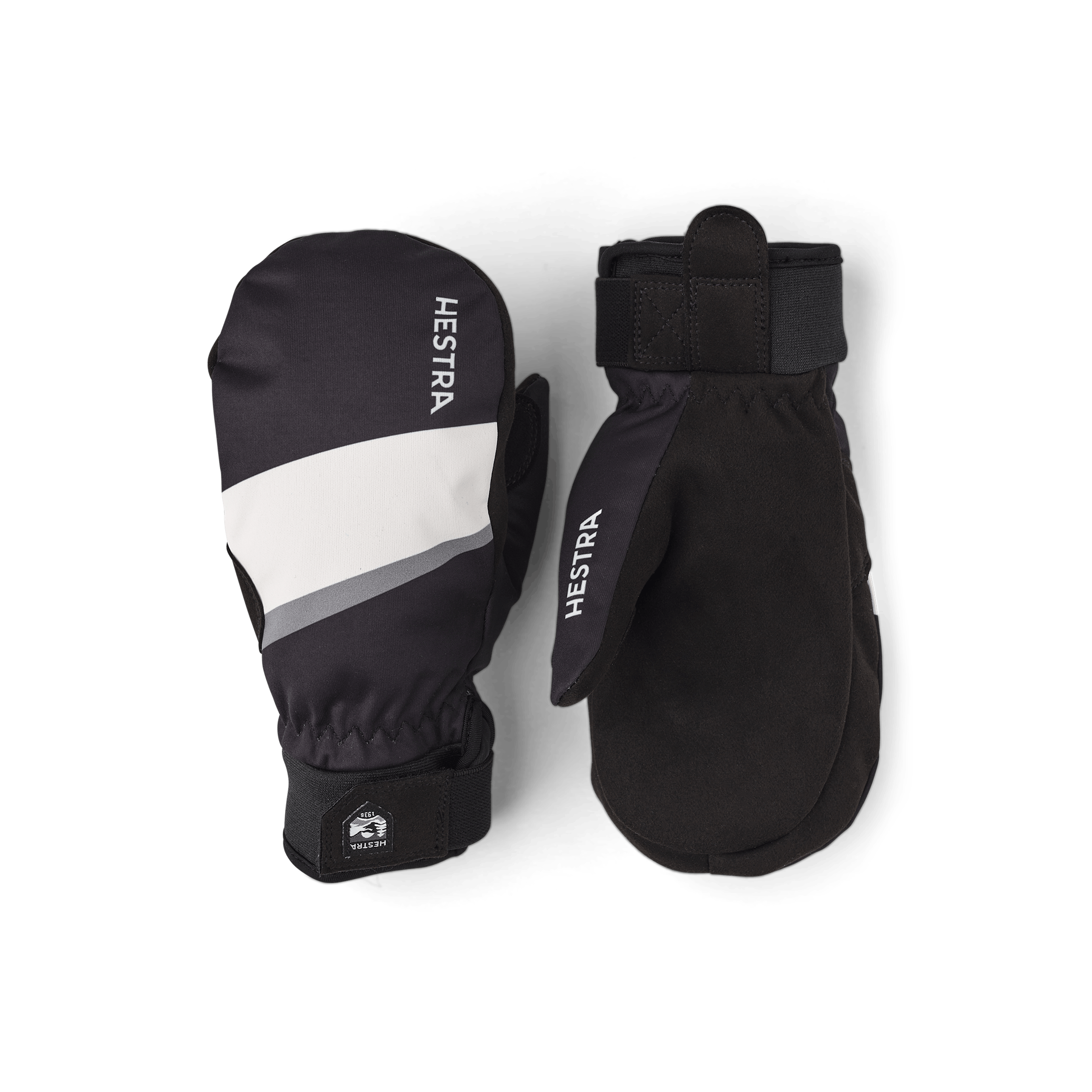 Black and white fabric mitten with black synthetic suede palm (1 of 5)