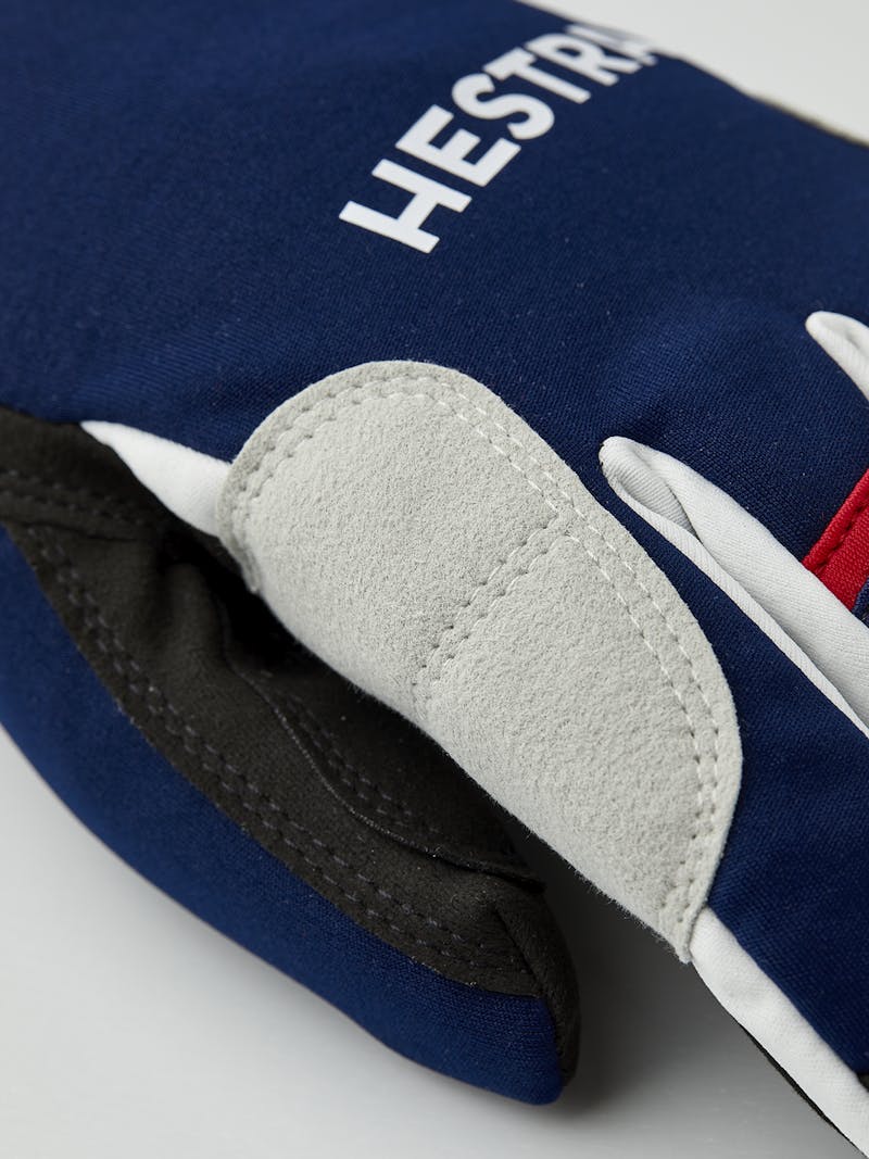 Dark blue and red fabric cross-country ski glove with black synthetic suede palm (2 of 6)