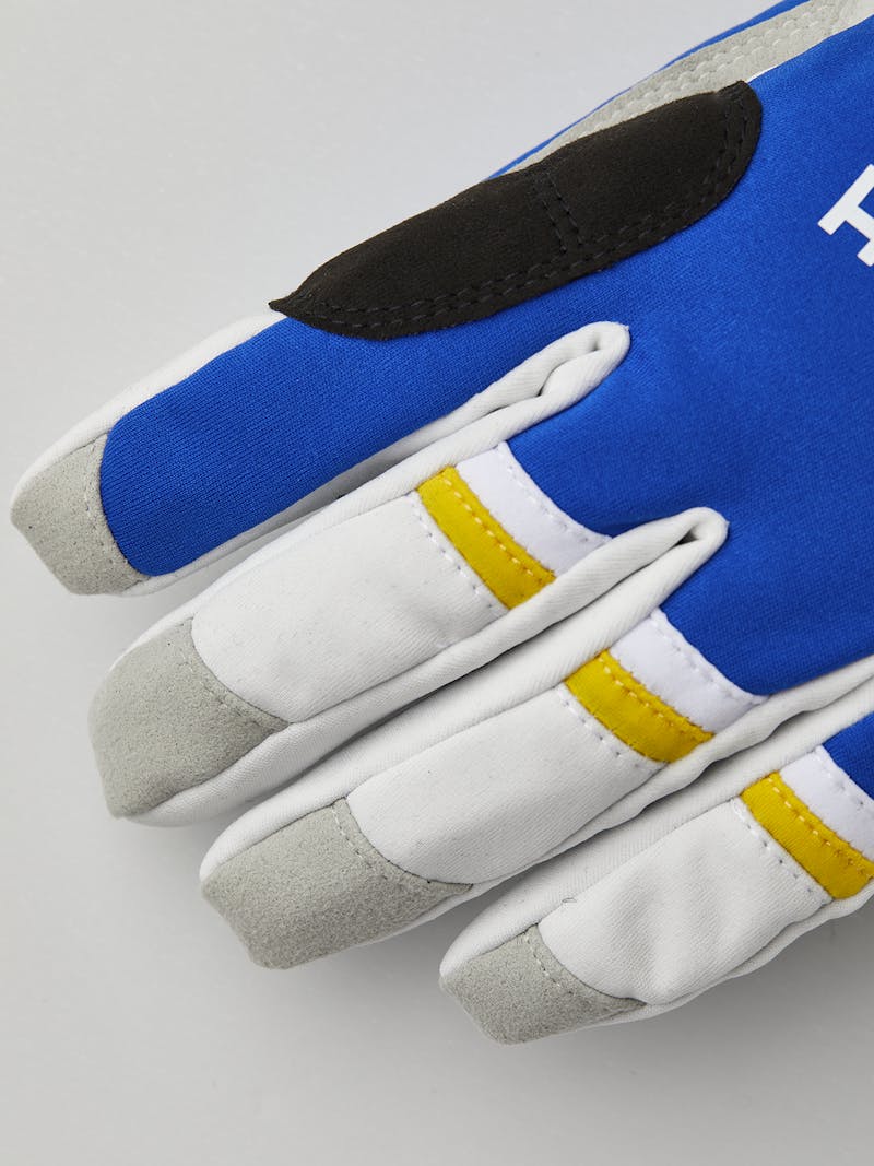 Blue and yellow fabric cross-country ski glove with gray synthetic suede palm  (2 of 6)