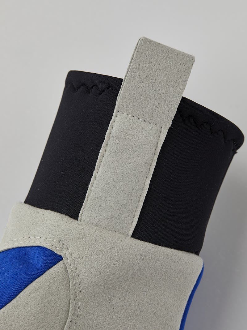 Blue and yellow fabric cross-country ski glove with gray synthetic suede palm  (3 of 6)