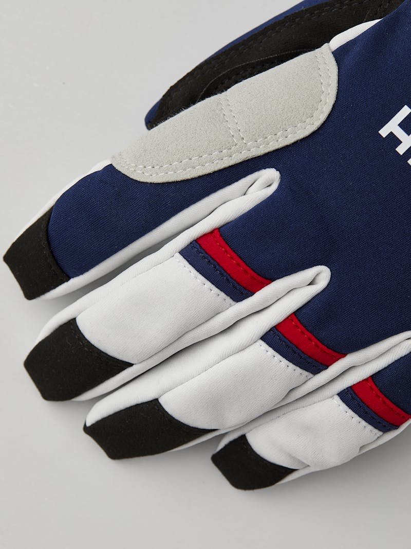 Dark blue and red fabric cross-country ski glove with black synthetic suede palm (3 of 6)
