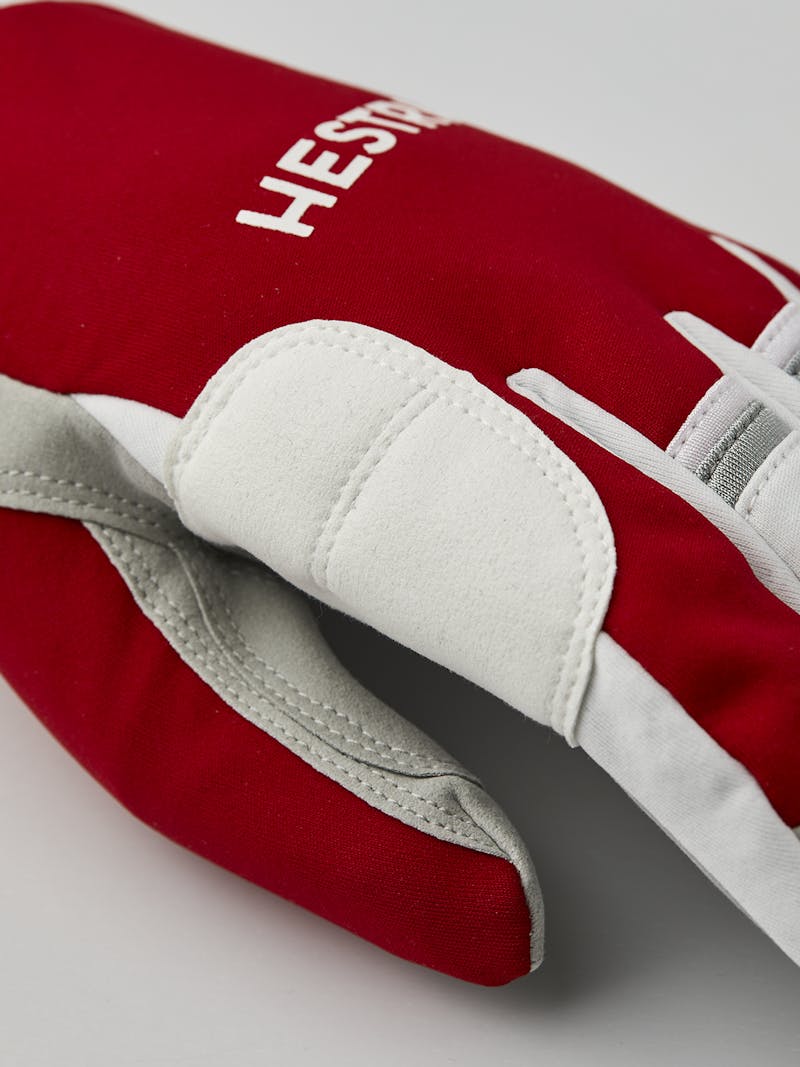 Red fabric cross-country ski glove with gray synthetic suede palm (5 of 6)