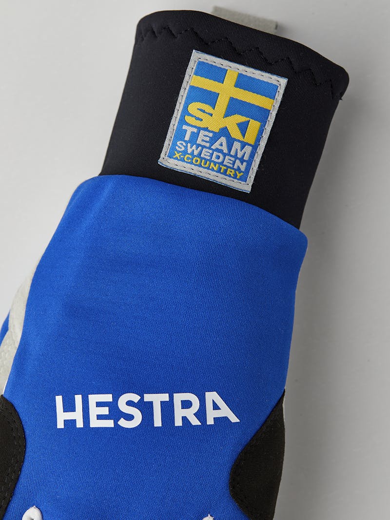 Blue and yellow fabric cross-country ski glove with gray synthetic suede palm  (4 of 6)