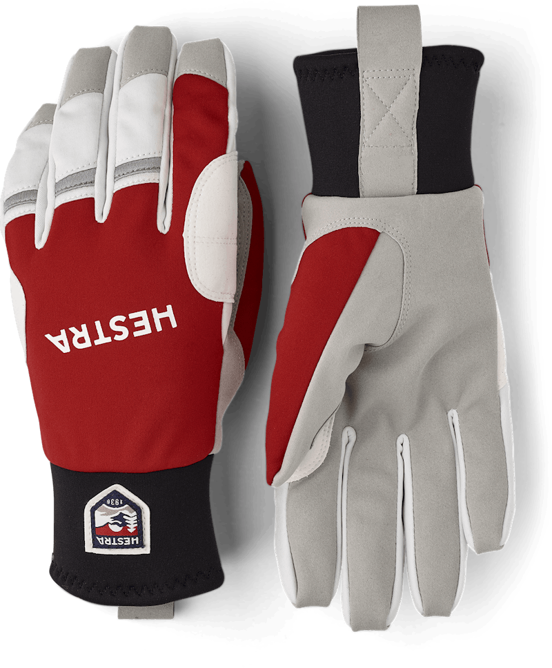 Red fabric cross-country ski glove with gray synthetic suede palm (1 of 6)