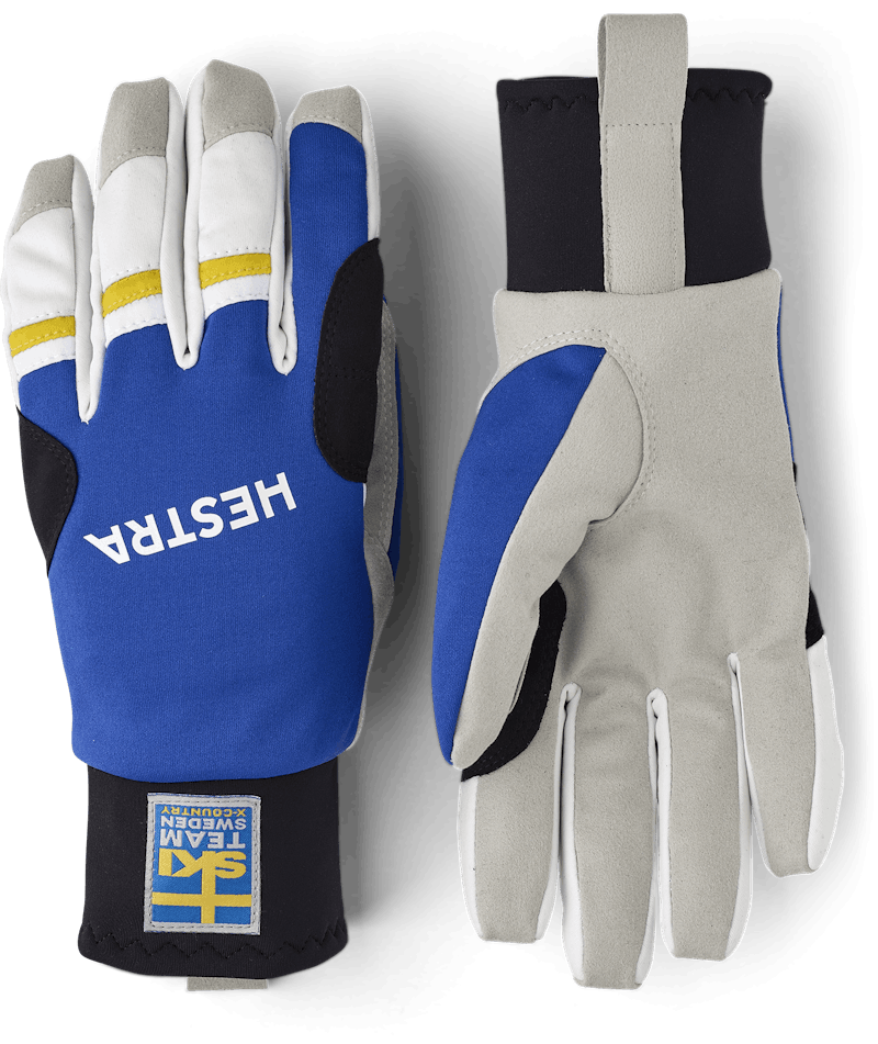 Blue and yellow fabric cross-country ski glove with gray synthetic suede palm  (1 of 6)