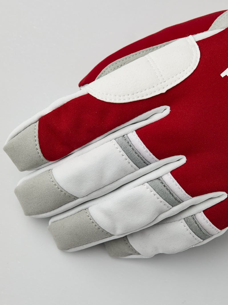 Red fabric cross-country ski glove with gray synthetic suede palm (2 of 6)