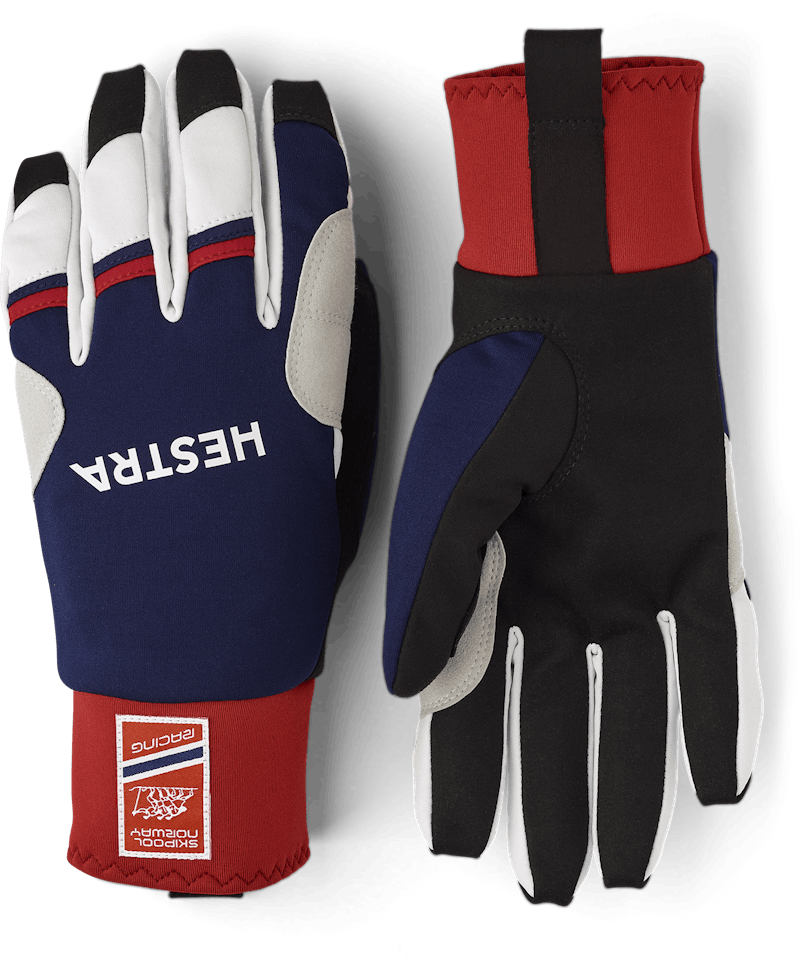 Dark blue and red fabric cross-country ski glove with black synthetic suede palm (1 of 6)