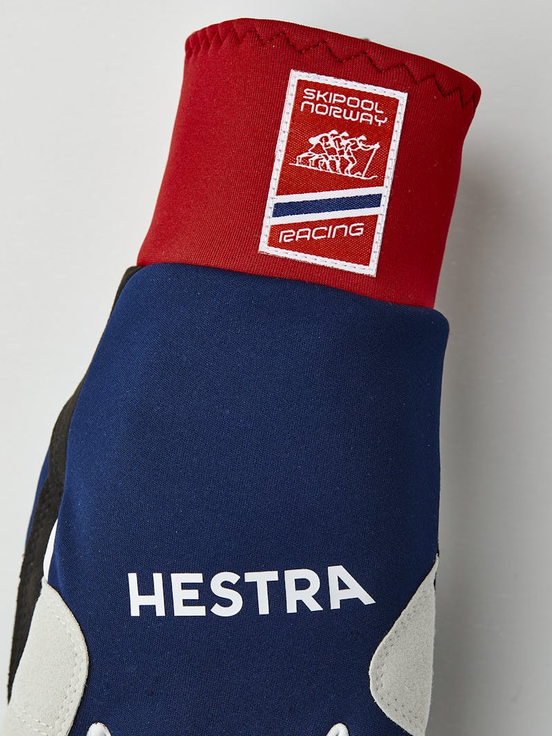 Dark blue and red fabric cross-country ski glove with black synthetic suede palm (6 of 6)