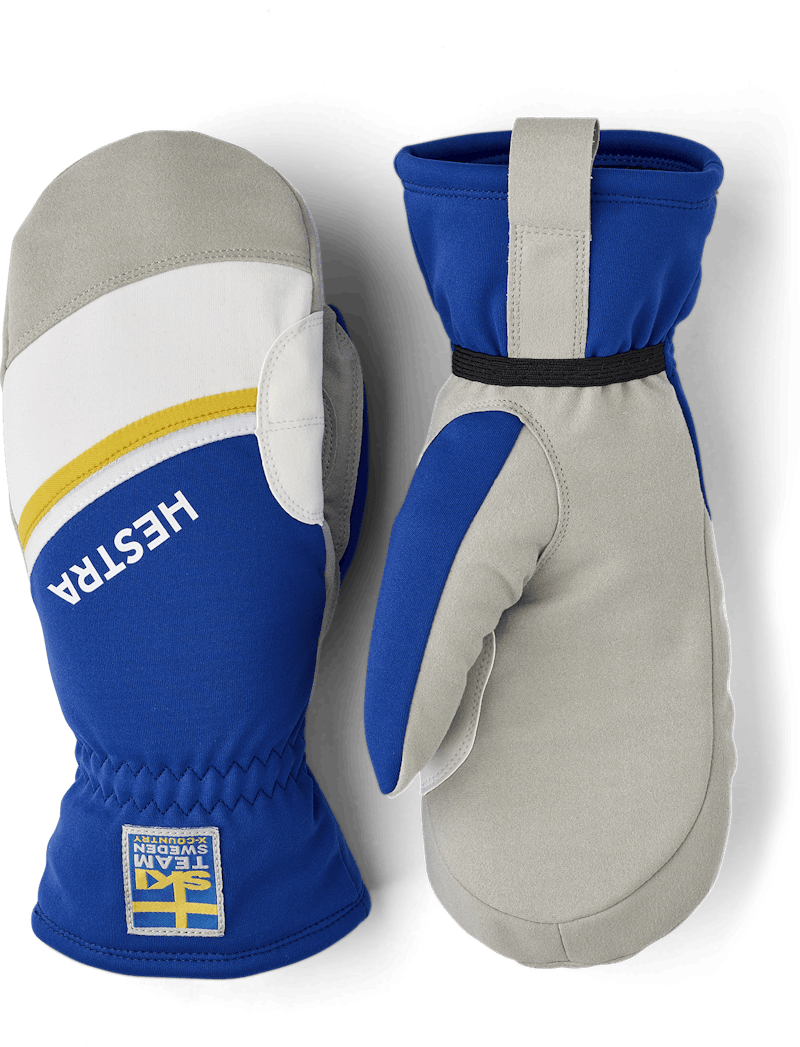 Blue and yellow fabric mitten with gray synthetic suede palm  (1 of 6)