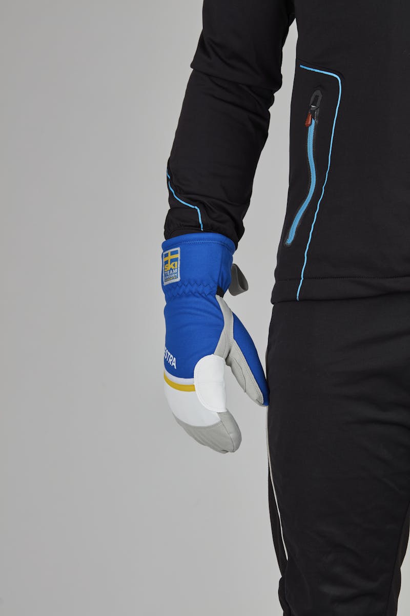 Blue and yellow fabric mitten with gray synthetic suede palm  (6 of 6)
