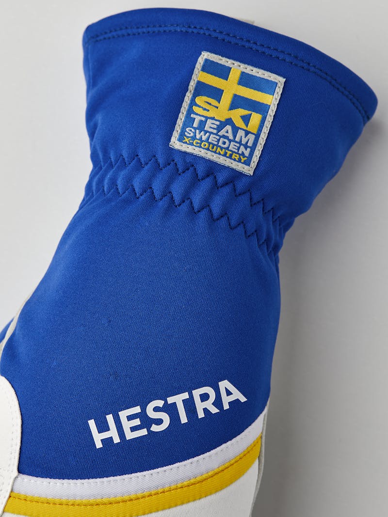 Blue and yellow fabric mitten with gray synthetic suede palm  (2 of 6)