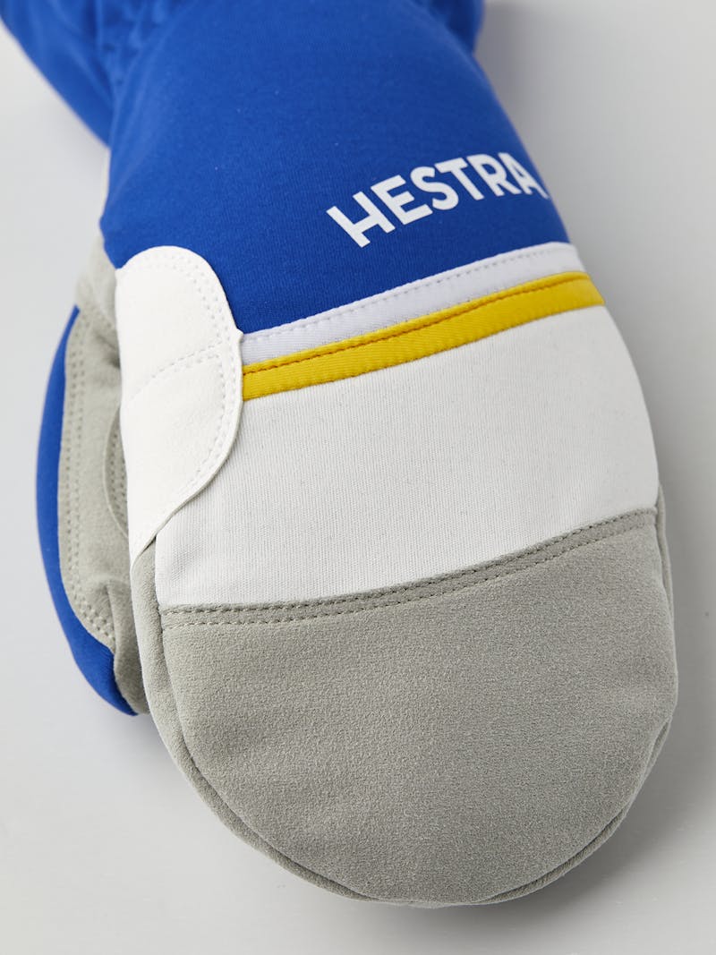 Blue and yellow fabric mitten with gray synthetic suede palm  (3 of 6)