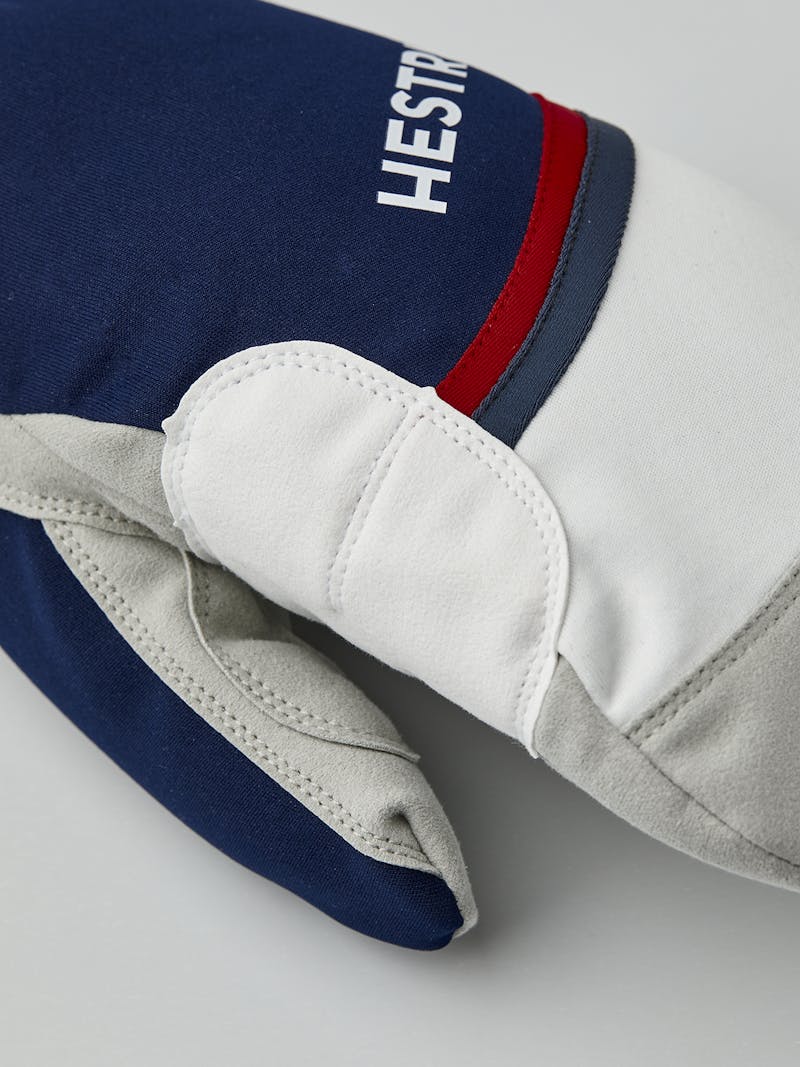Dark blue and red fabric mitten with gray synthetic suede palm  (2 of 5)