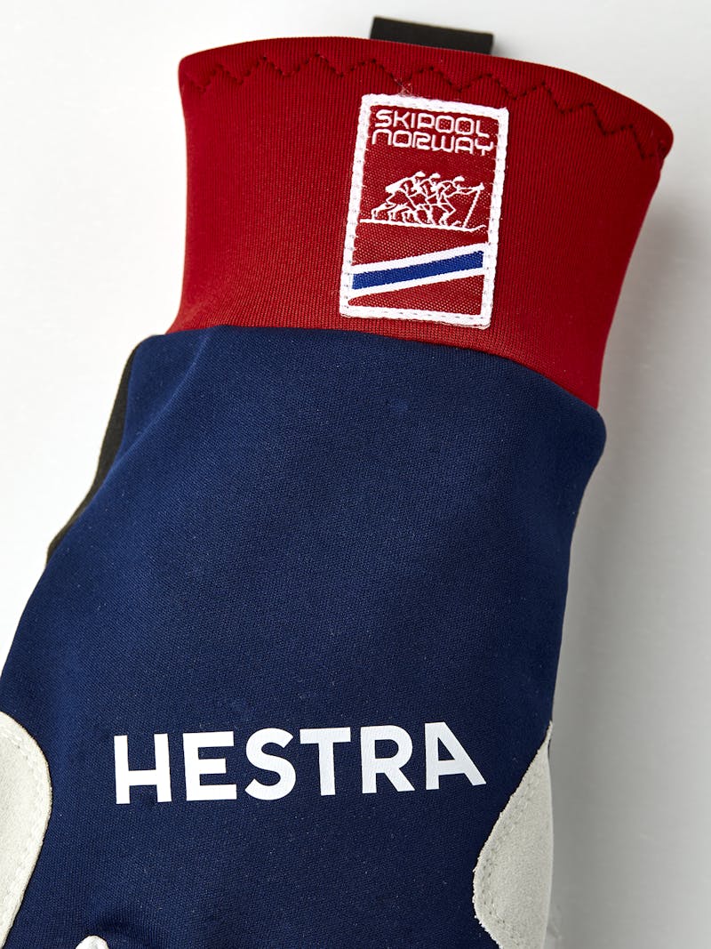 Dark blue and red fabric three finger glove with black synthetic suede palm (4 of 6)