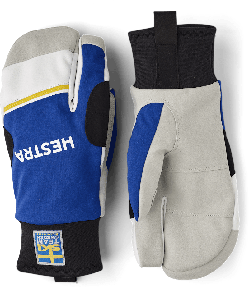Blue and yellow fabric three finger glove with gray synthetic suede palm  (1 of 6)