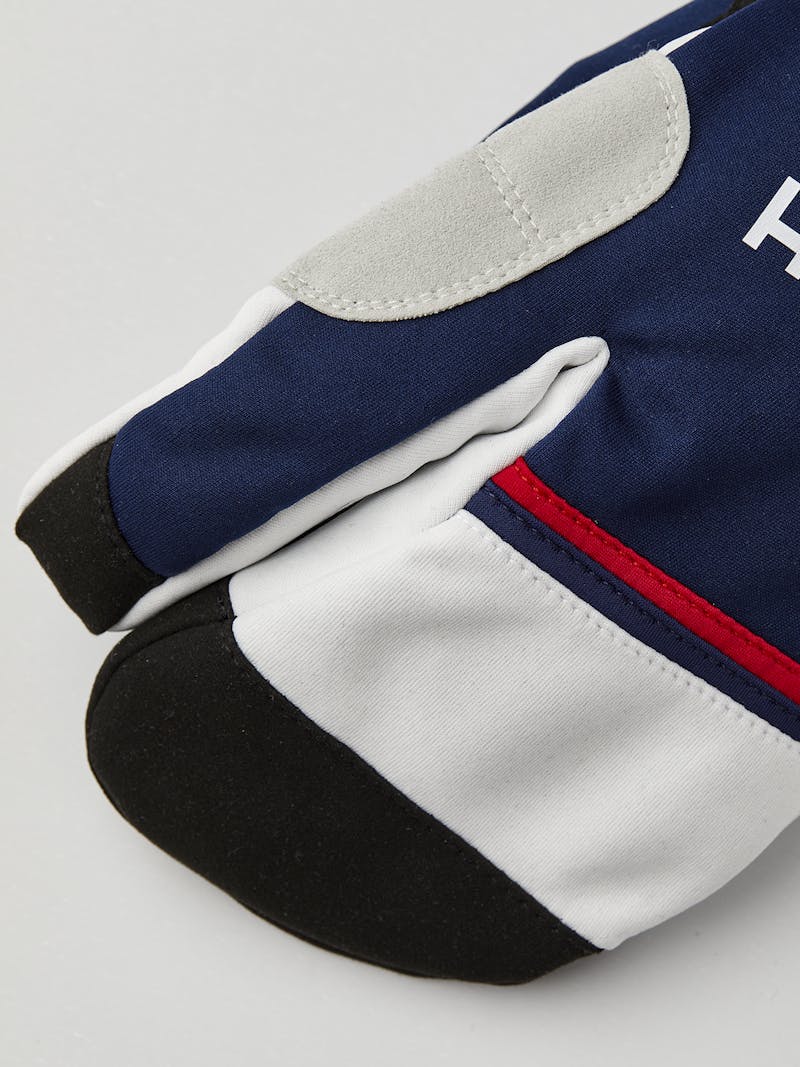 Dark blue and red fabric three finger glove with black synthetic suede palm (3 of 6)
