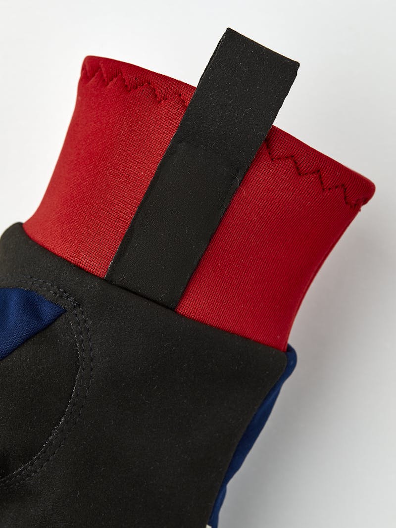 Dark blue and red fabric three finger glove with black synthetic suede palm (5 of 6)