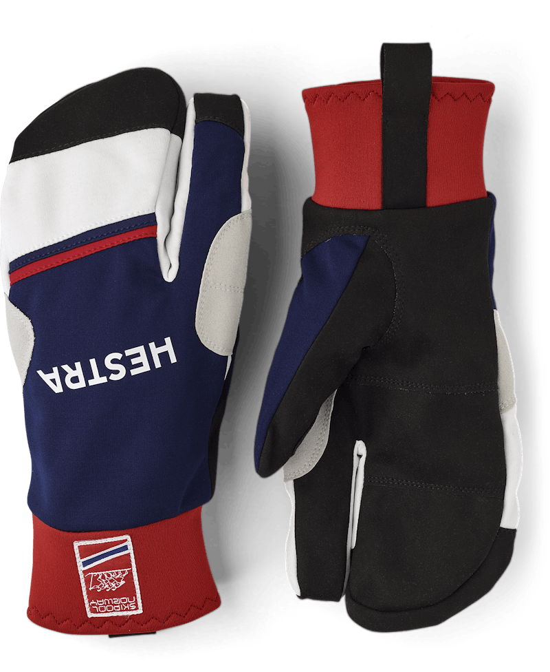 Dark blue and red fabric three finger glove with black synthetic suede palm (1 of 6)