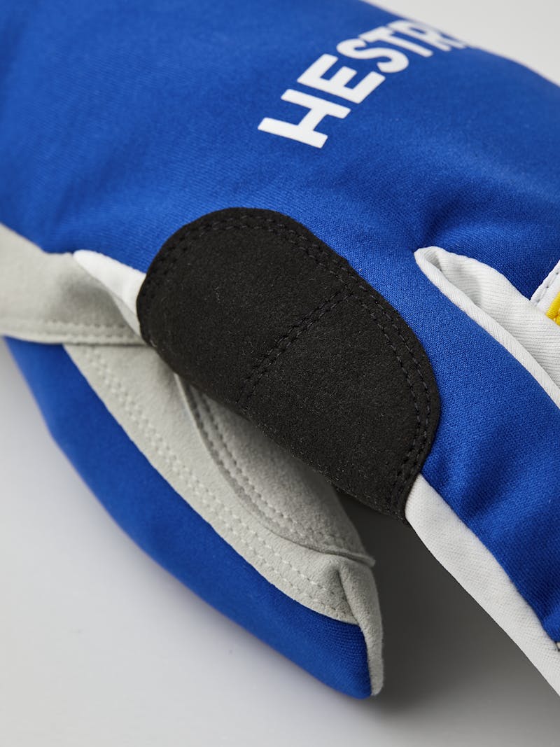 Blue and yellow fabric three finger glove with gray synthetic suede palm  (2 of 6)