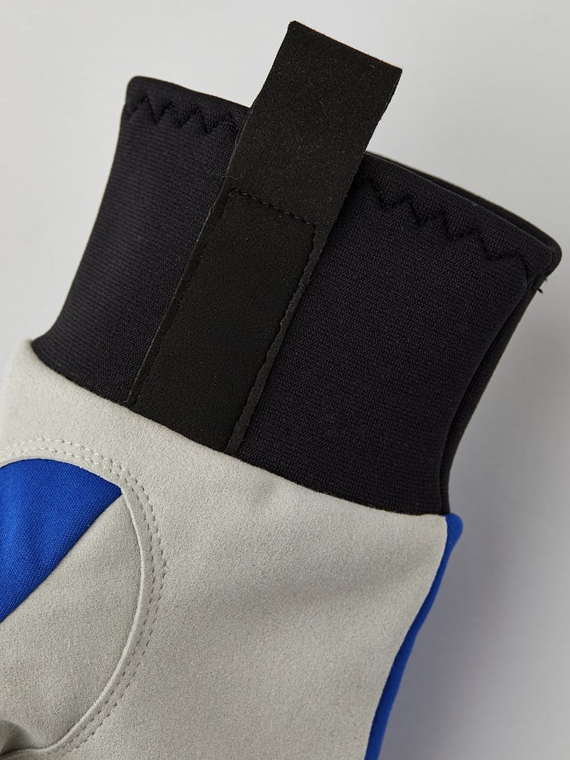 Blue and yellow fabric three finger glove with gray synthetic suede palm  (4 of 6)
