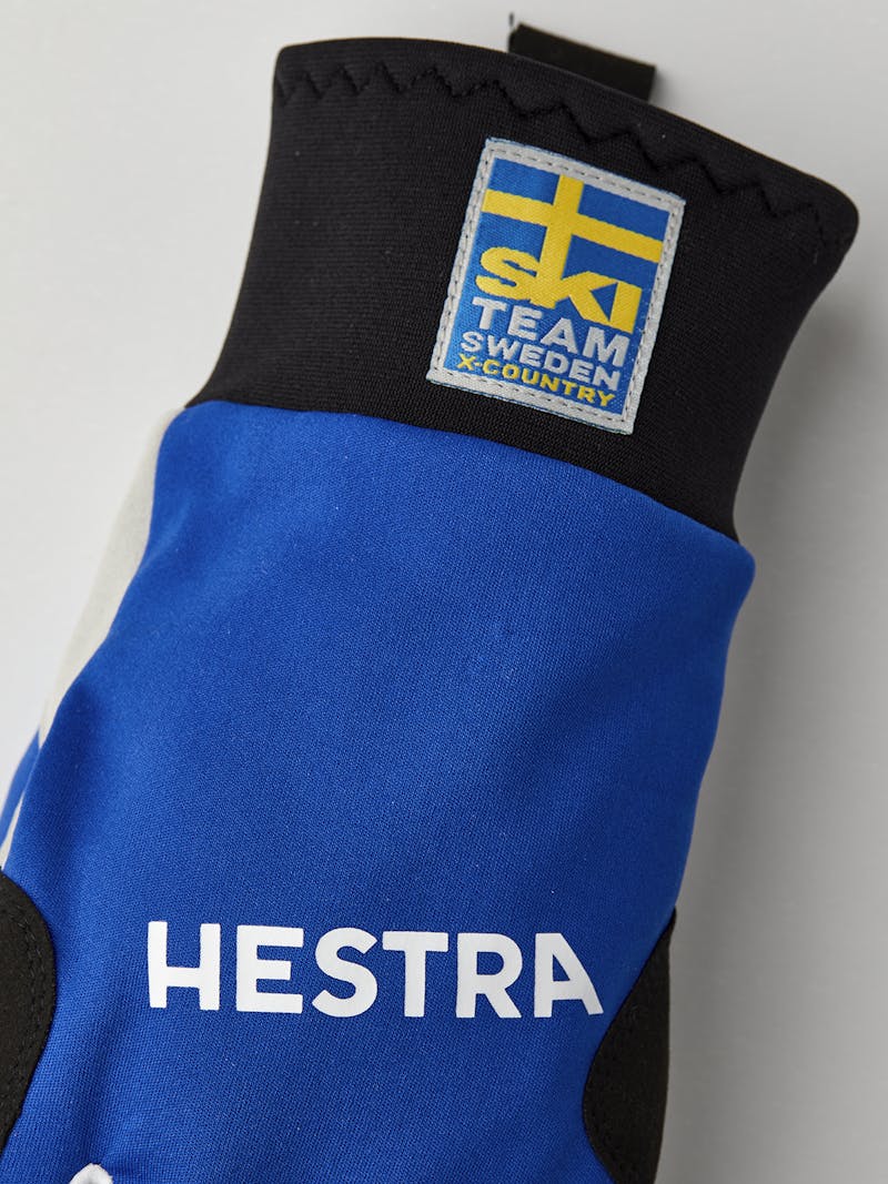 Blue and yellow fabric three finger glove with gray synthetic suede palm  (5 of 6)
