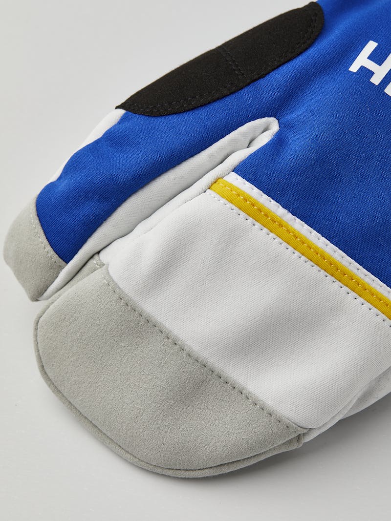 Blue and yellow fabric three finger glove with gray synthetic suede palm  (3 of 6)