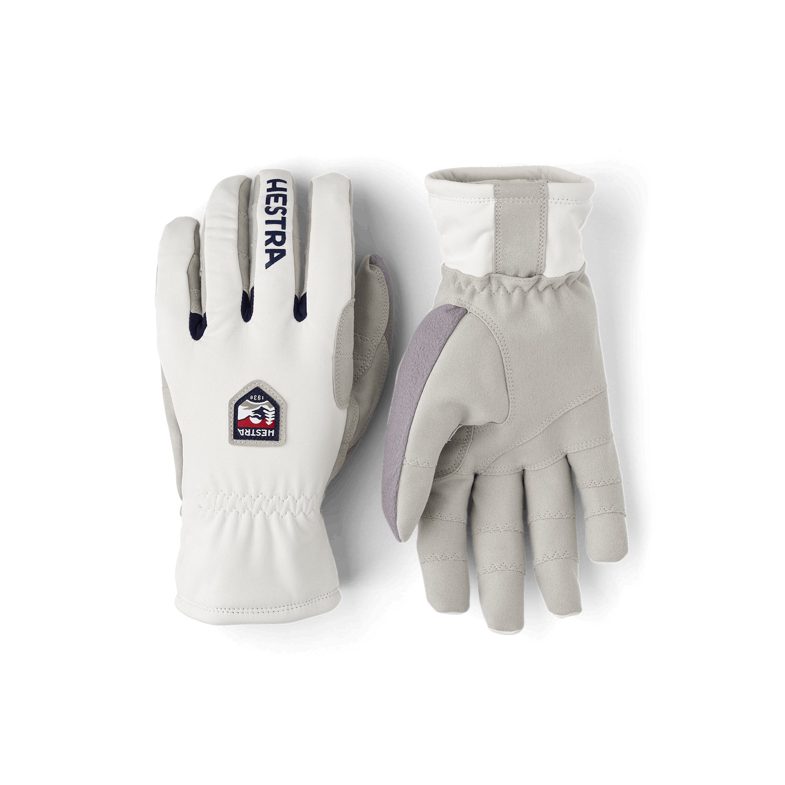 White fabric cross-country ski glove with gray synthetic suede palm (1 of 7)
