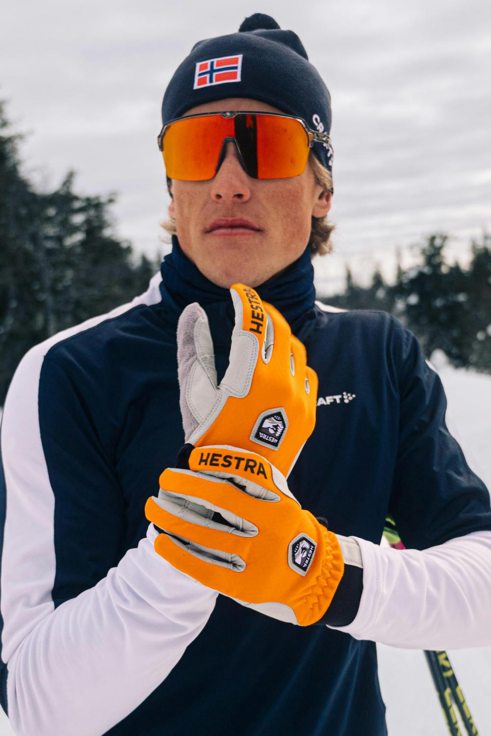 Orange fabric cross-country ski glove with gray synthetic suede palm (5 of 8)