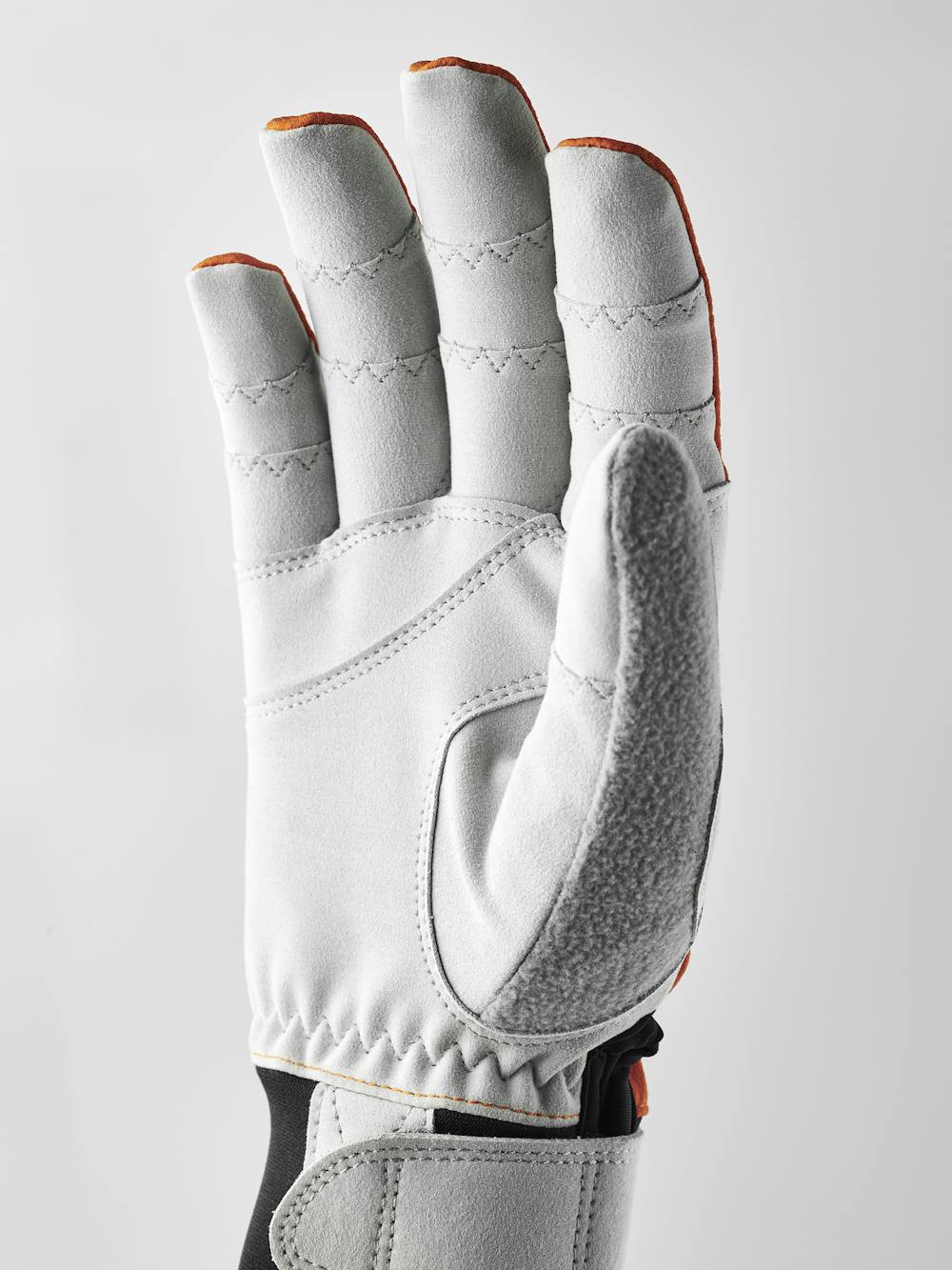 Orange fabric cross-country ski glove with gray synthetic suede palm (2 of 8)