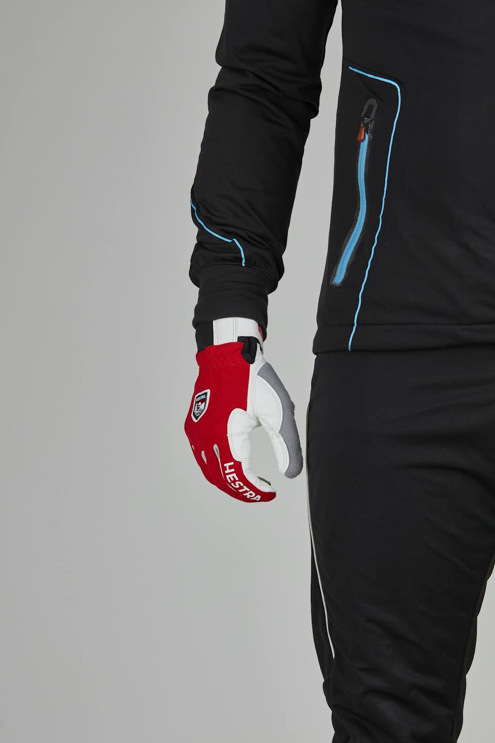Red fabric cross-country ski glove with white synthetic suede palm (6 of 7)